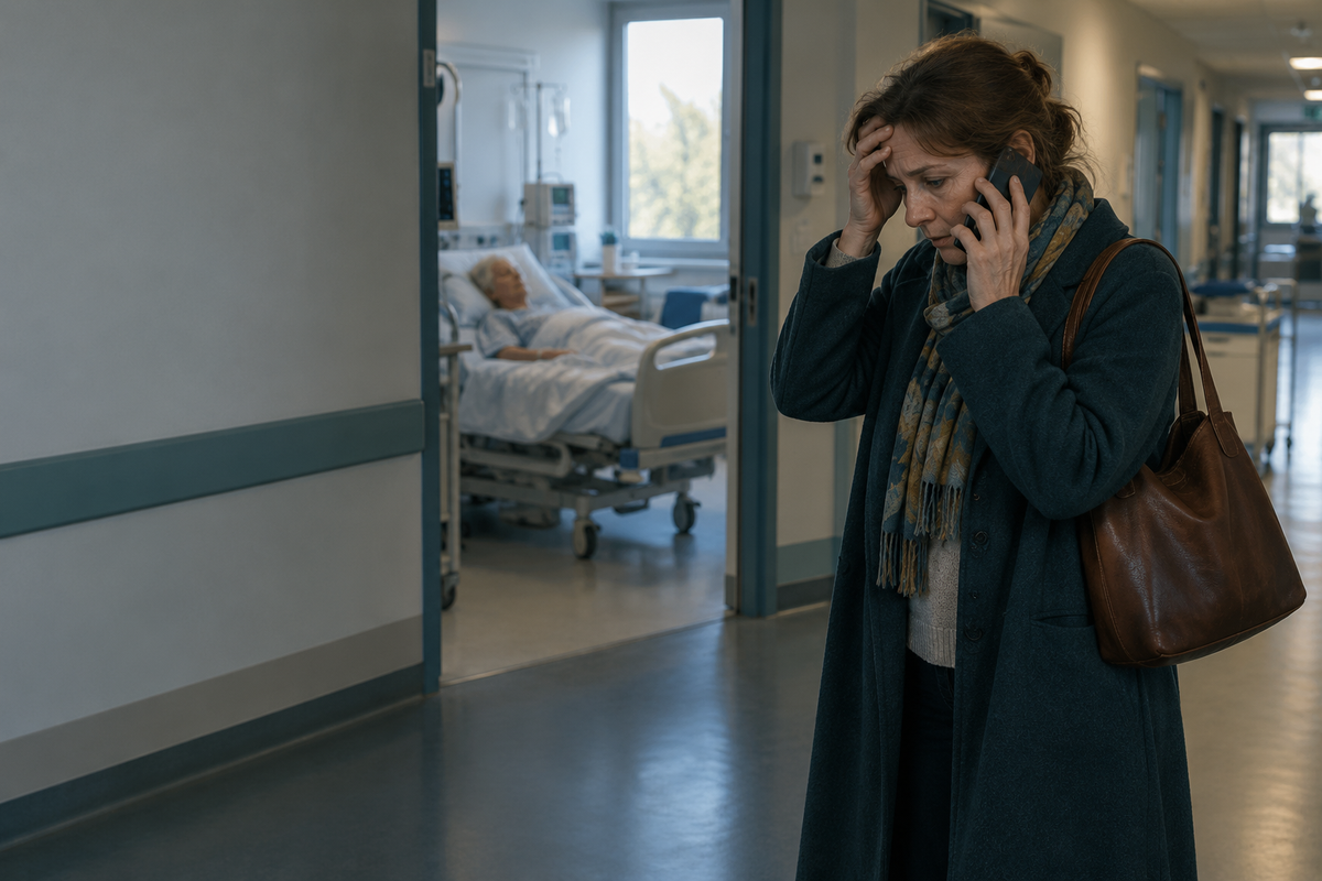 Une femme au téléphone dans un couloir d'hôpital