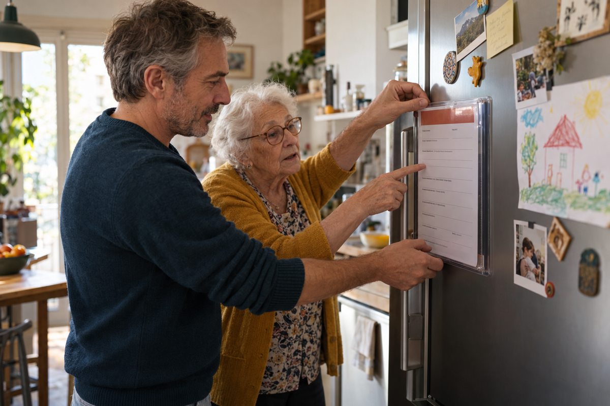 Un homme et sa mère posent la fiche urgence sur le frigo
