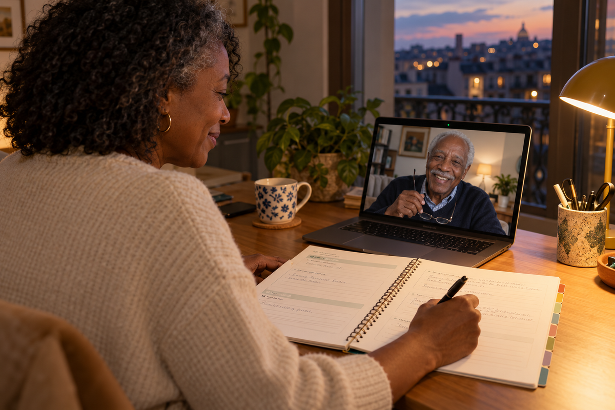 Une femme note dans le livre Confidelle pendant un appel vidéo avec son père